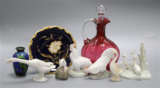 A group of Copenhagen animals, decanter, cloisonne etc